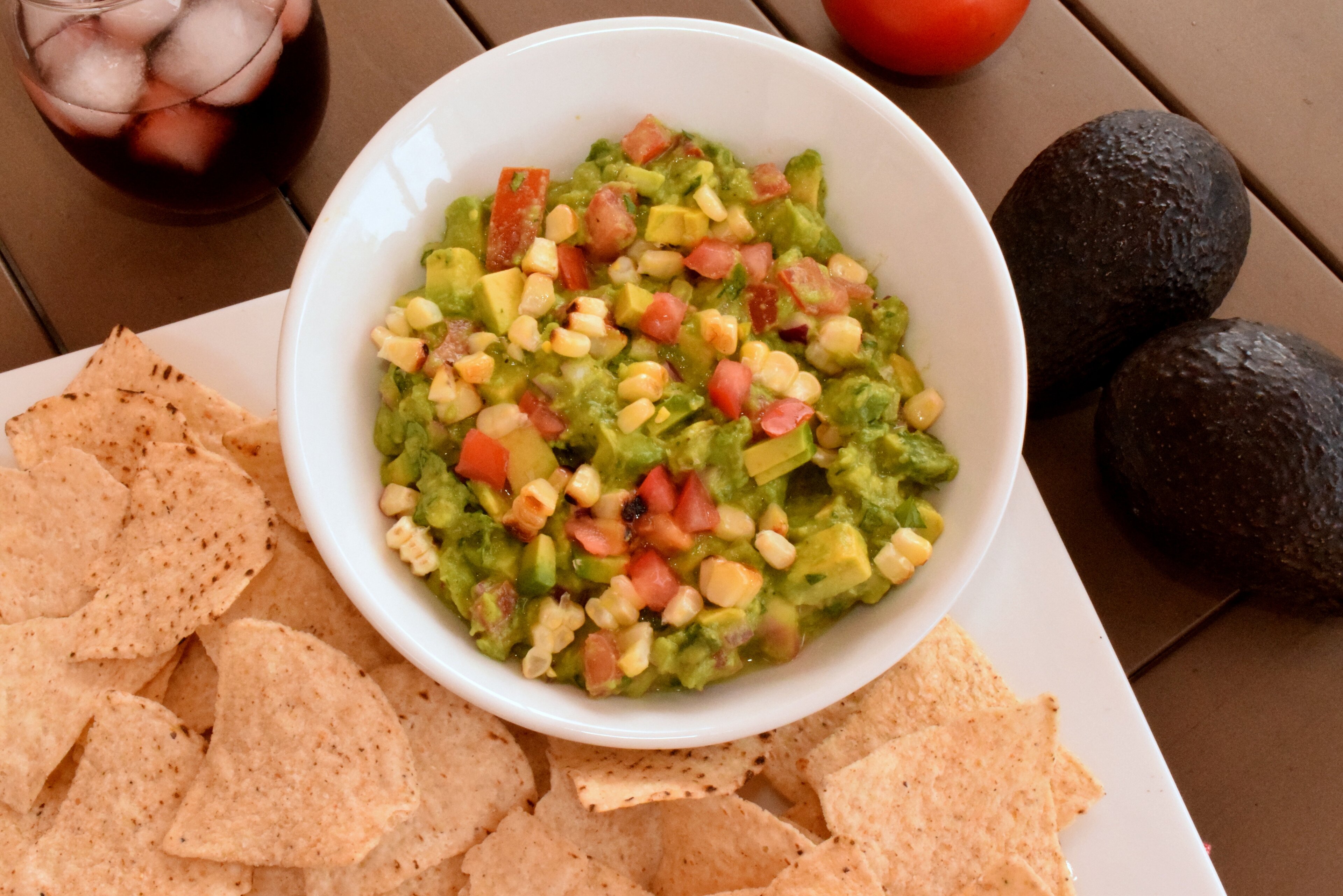 Easy Guacamole with Fresh Tomatoes and Grilled Corn