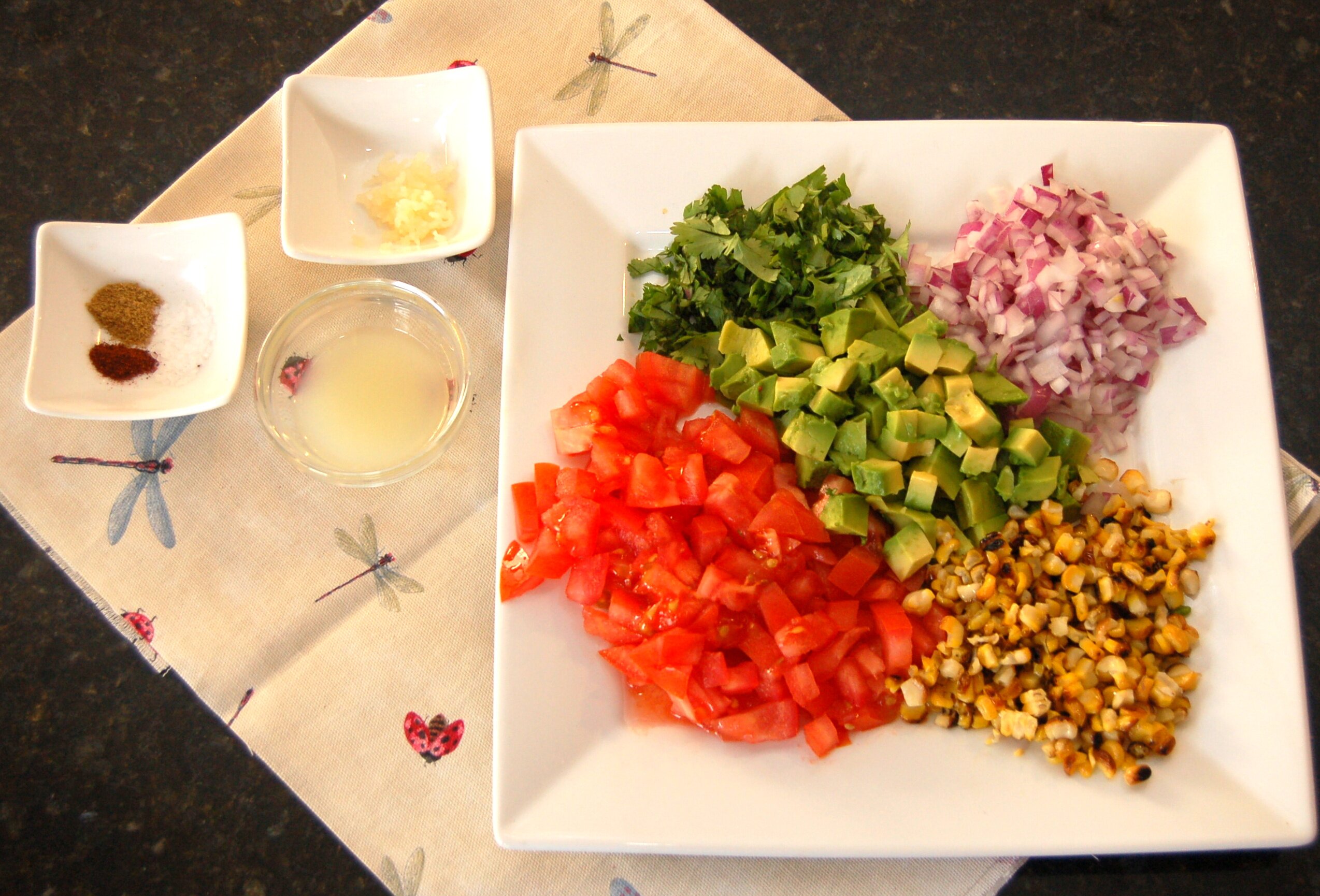 Easy Guacamole with Fresh Tomatoes and Grilled Corn